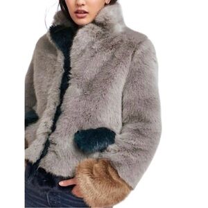 Anthropologie Molliolli faux fur coat - gray, green and tan.